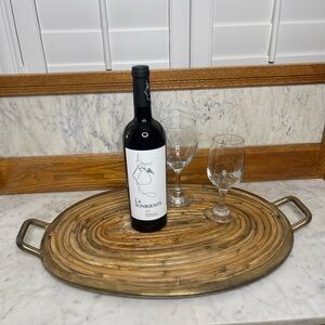 Mcm Italian pencil reed & brass oval serving tray, in style of Gabriella Crespi